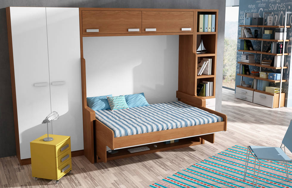 MUEBLE CAMA ABATIBLE CON ESCRITORIO, PARA CAMA DE MATRIMONIO: Dormitorios de estilo moderno de Muebles Parchis. Dormitorios Juveniles. 