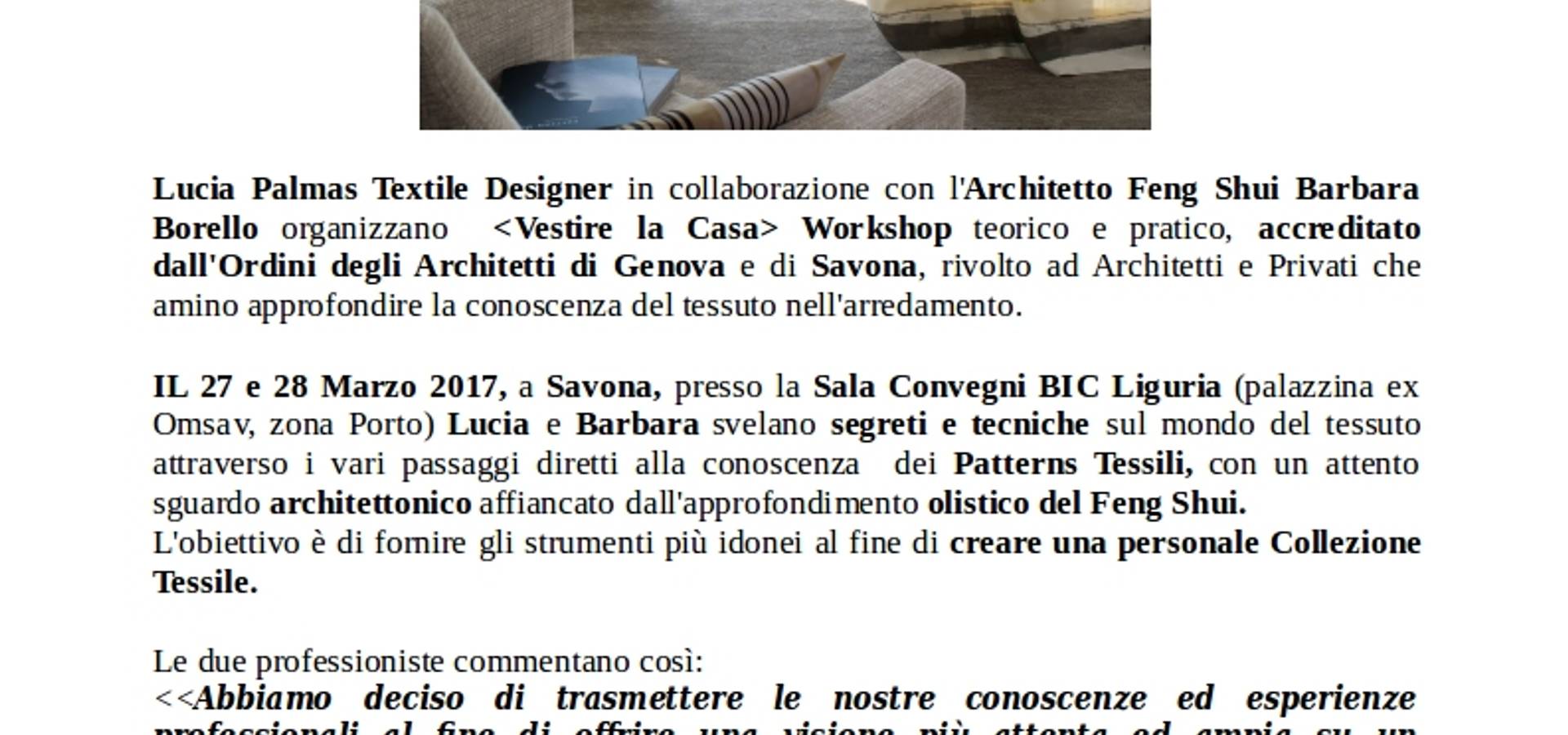 Workshop  Vestire la casa Architettura, Design Tessile e Moda