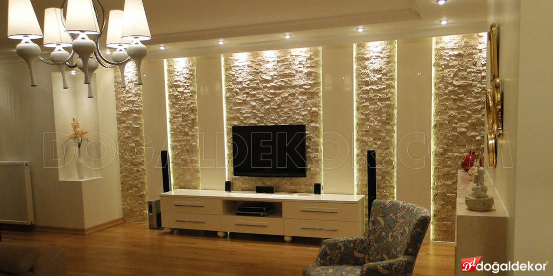 Tv Unitesi Arkasi Dogal Tas Kaplama Salon Dekorasyonu Homify