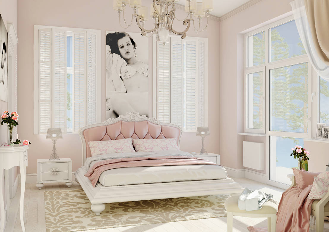 Спальня в пудровых оттенках с белой мебелью