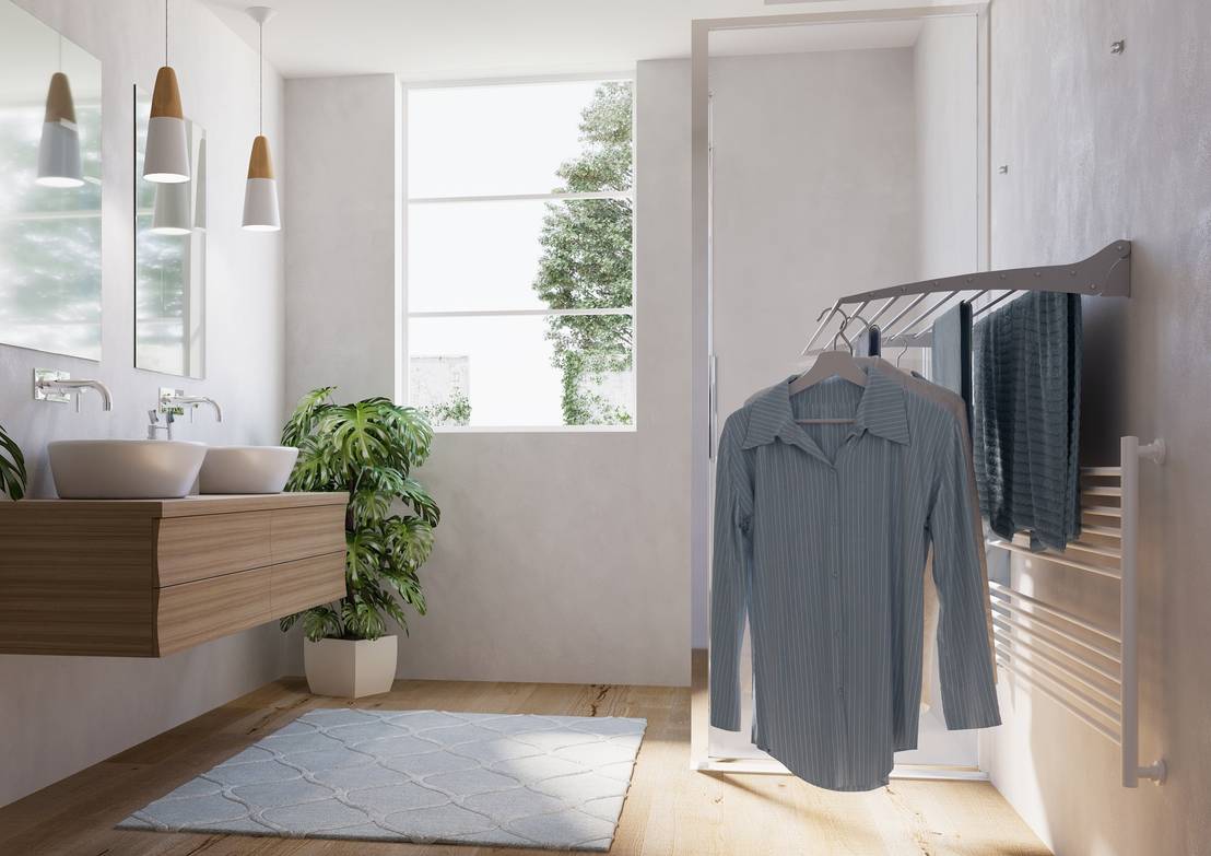 Stendibiancheria Da Parete Con 8 Fili - In Acciaio Plastificato Nero, Ideale Per Spazi Piccoli - Foto 7