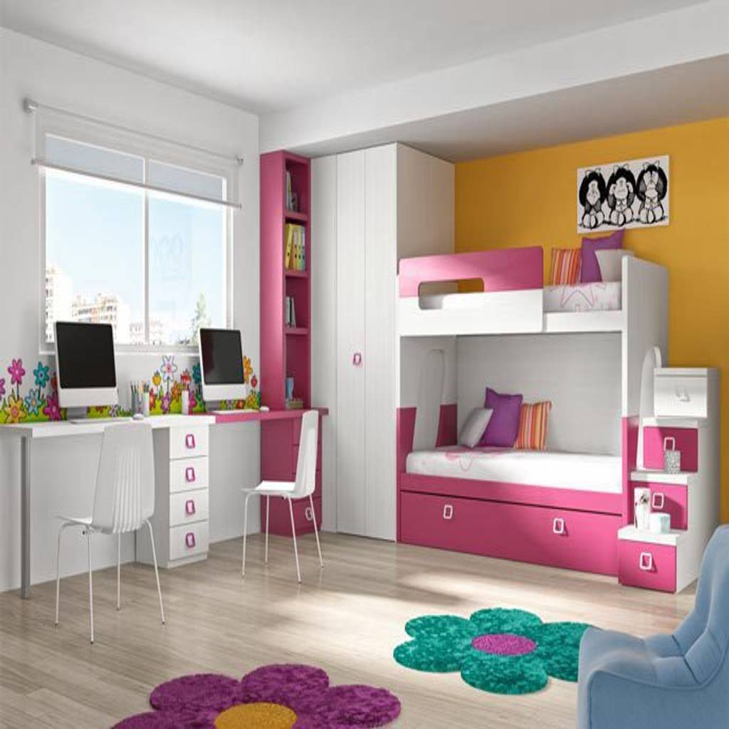Habitación juvenil compartida con litera, blanca y fucsia sofás camas