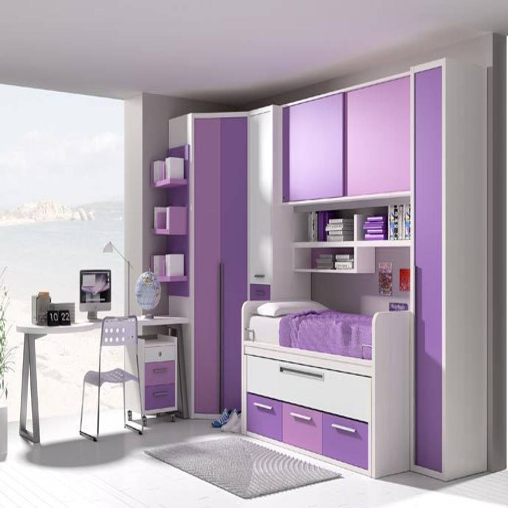 Pieza de pared con cama nido, somier extraíble, cajones y armarios de