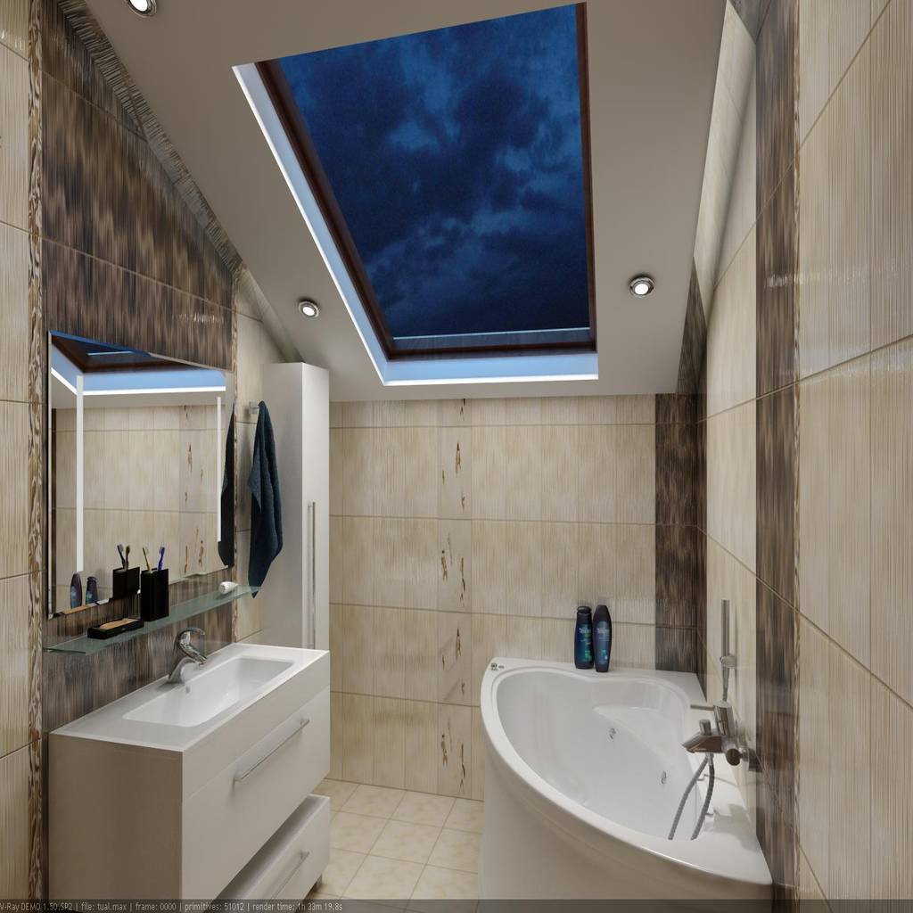 Ванная комната с мансардной крышей без окон