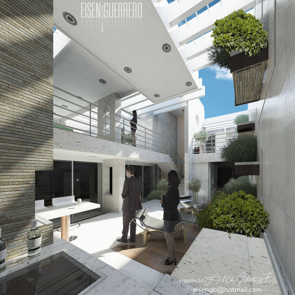 Vista desde nivel planta baja al solárium, pergola y terraza piso 1