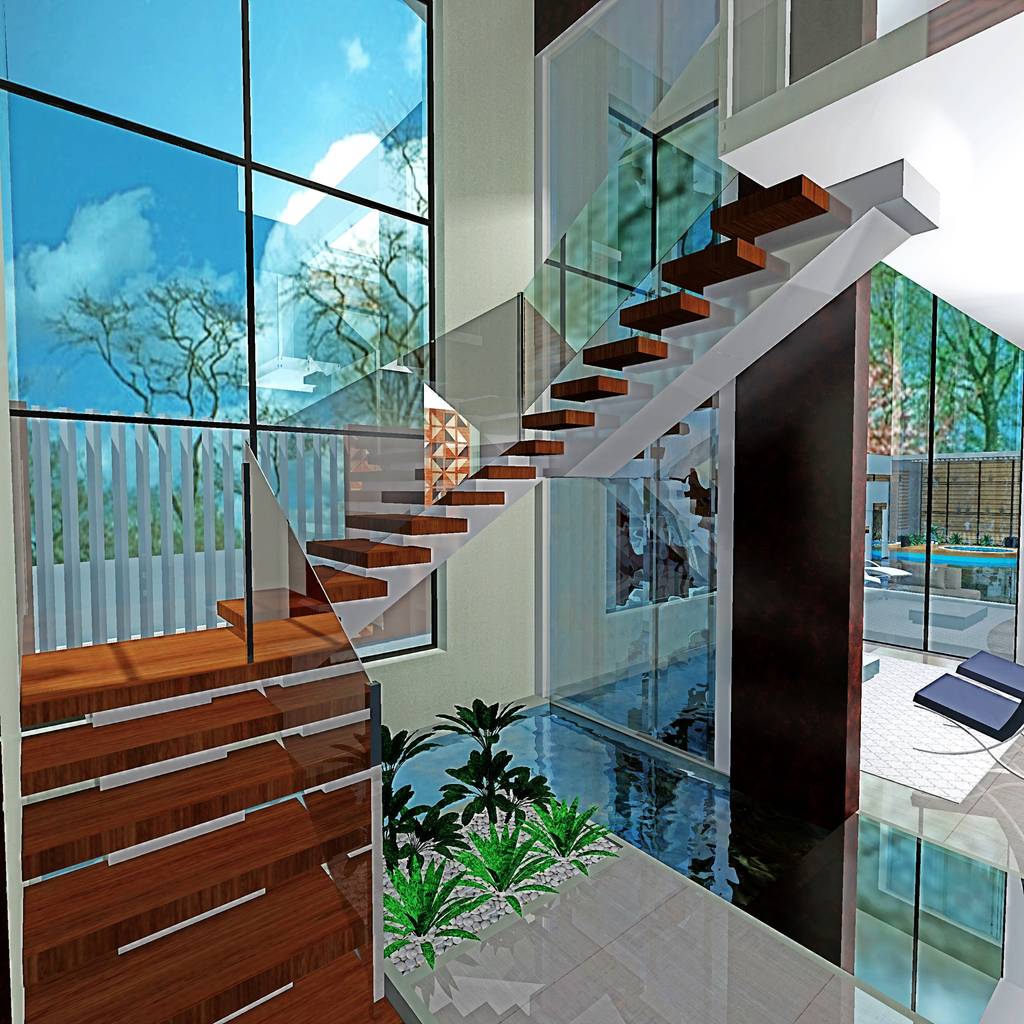 Escada e cascata de vidro alessandra_arquiteta corredores, halls e ...