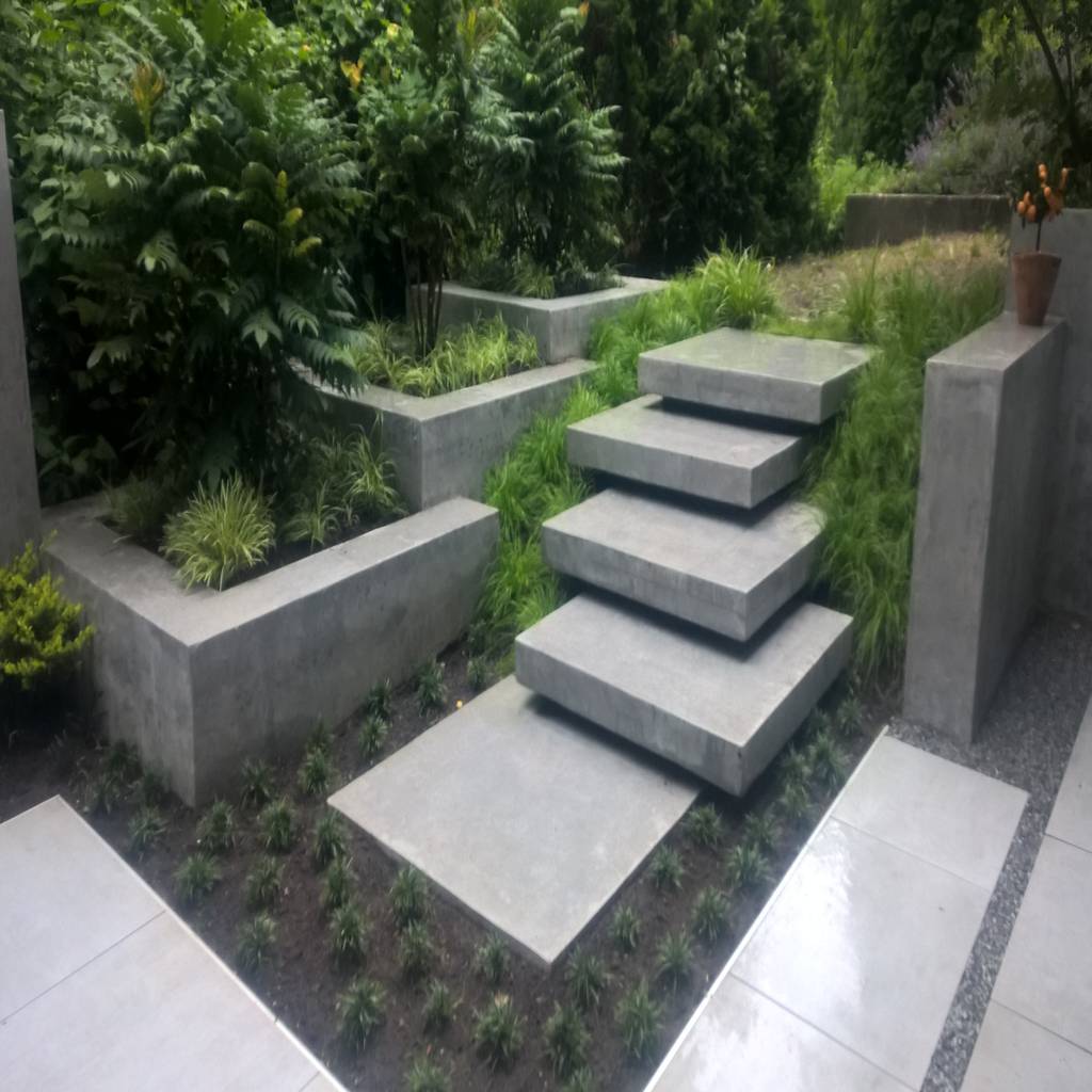 Moderne terrasse mit wasserfall, sitzbank und