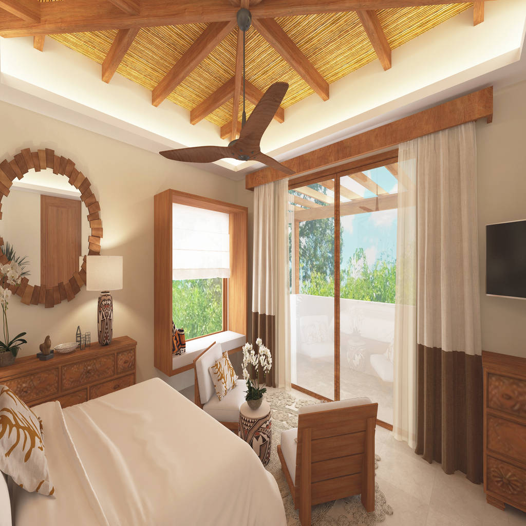 Dormitorio con techo de bambú falsamente inclinado, ventilador de techo