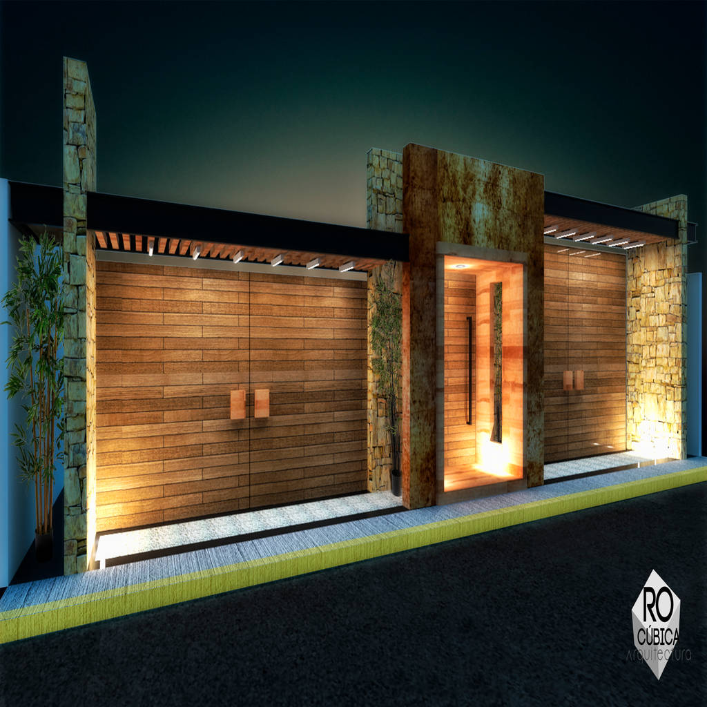 Acceso residencial de ro cubica arquitectura rural madera
