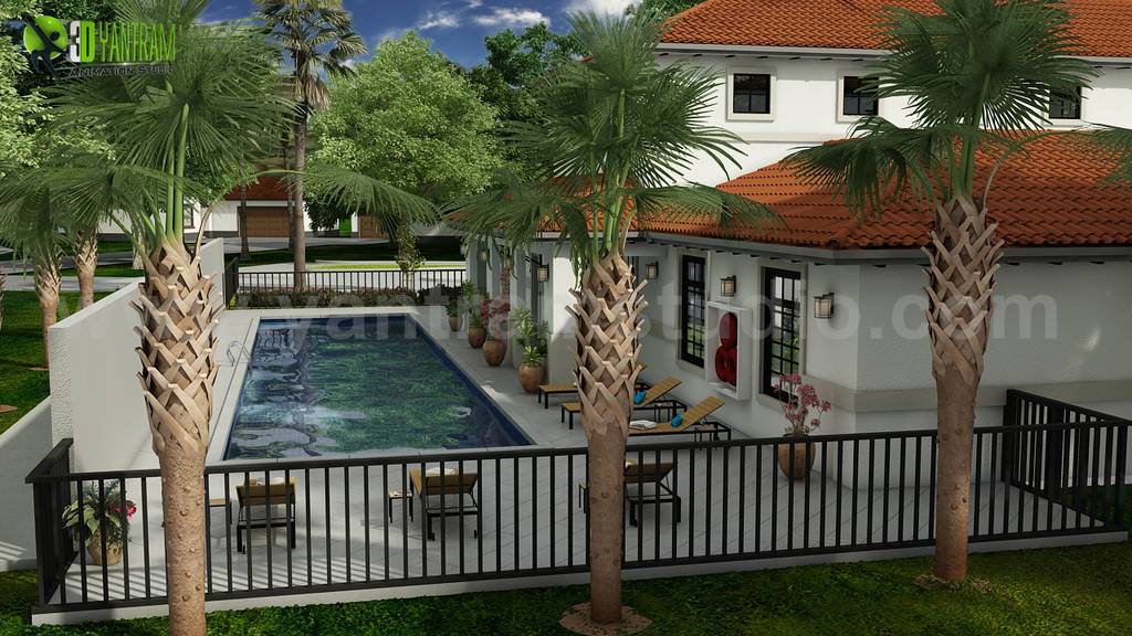 Exterior pool view design ideas landscaping architectural rendering ...