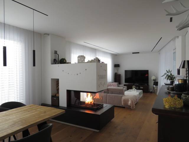 Panorama Kamin Mit Naturstein Feuertisch Moderne Wohnzimmer Von