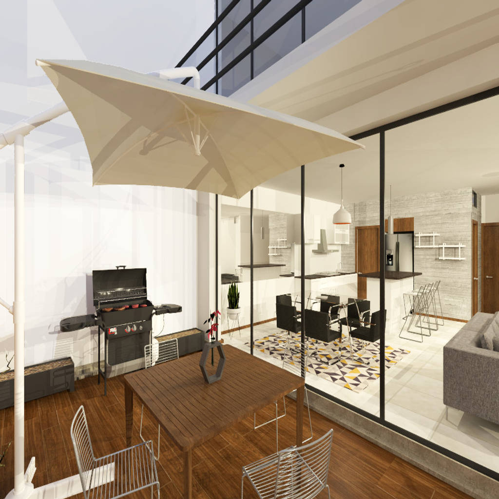 Comedor en balcón: balcón de estilo por bim arquitectos s.a. de c.v