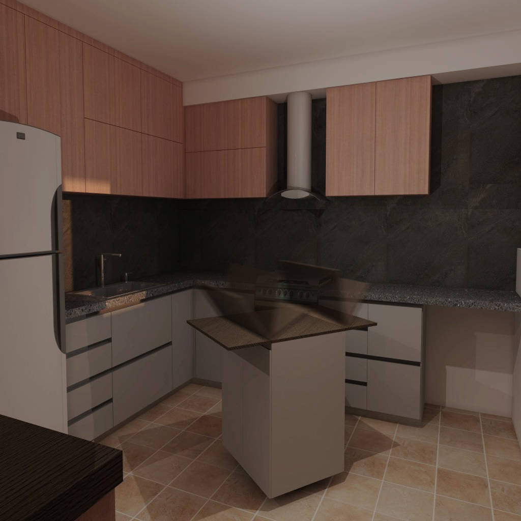 Propuesta cocina, isla móvil de cg diseño moderno madera acabado en