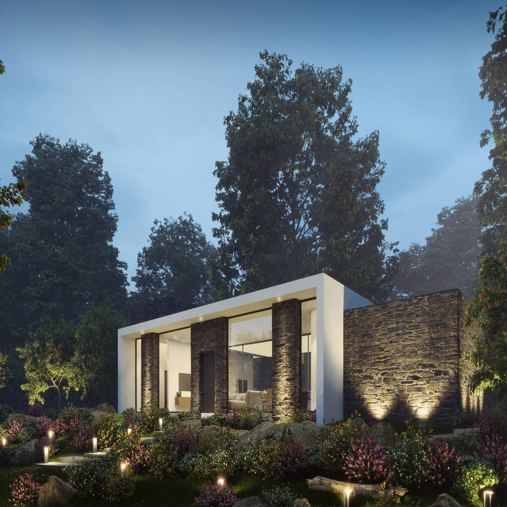 Vista nocturna c+m design casas de campo piedra blanco | homify