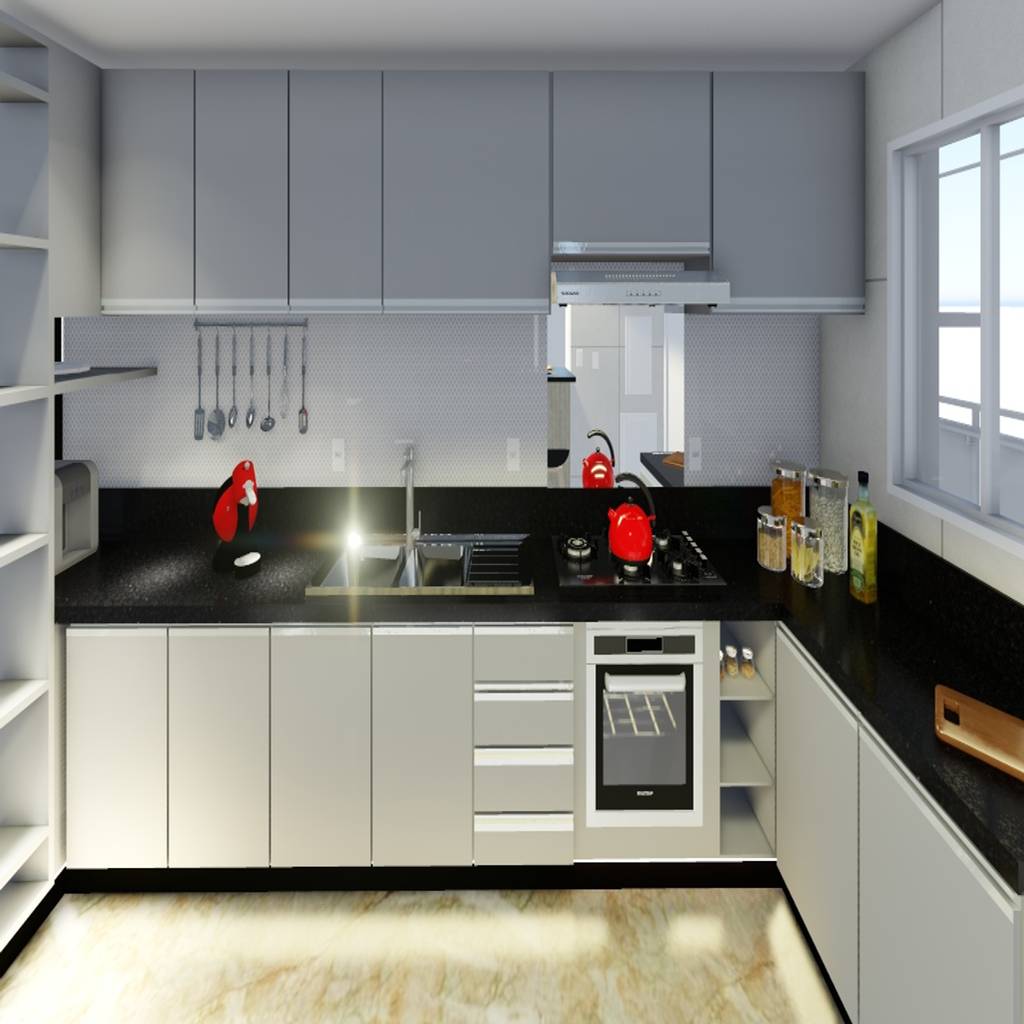 cozinha com bancada preta e armários cinzas