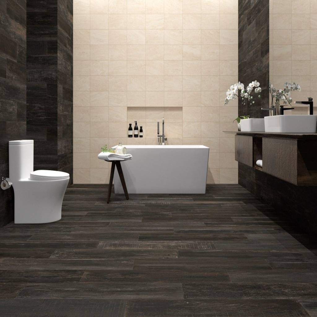 Baño con muro estilo mármol y piso estilo madera interceramic mx baños