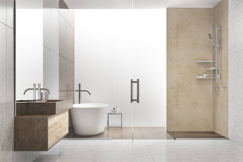 Wand badezimmer dusche limestone moderne badezimmer von kwg wolfgang