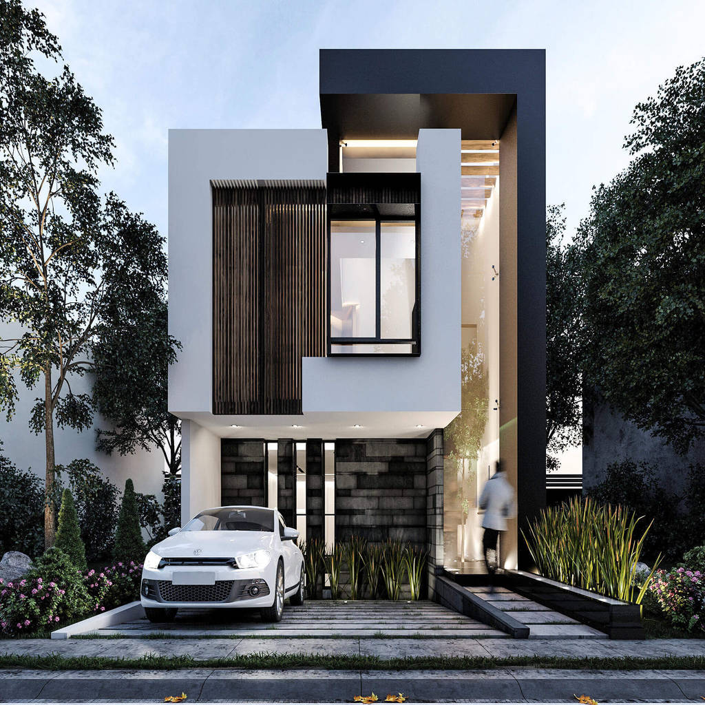 Impresionante fachada exterior de noche de lujo: casas multifamiliares