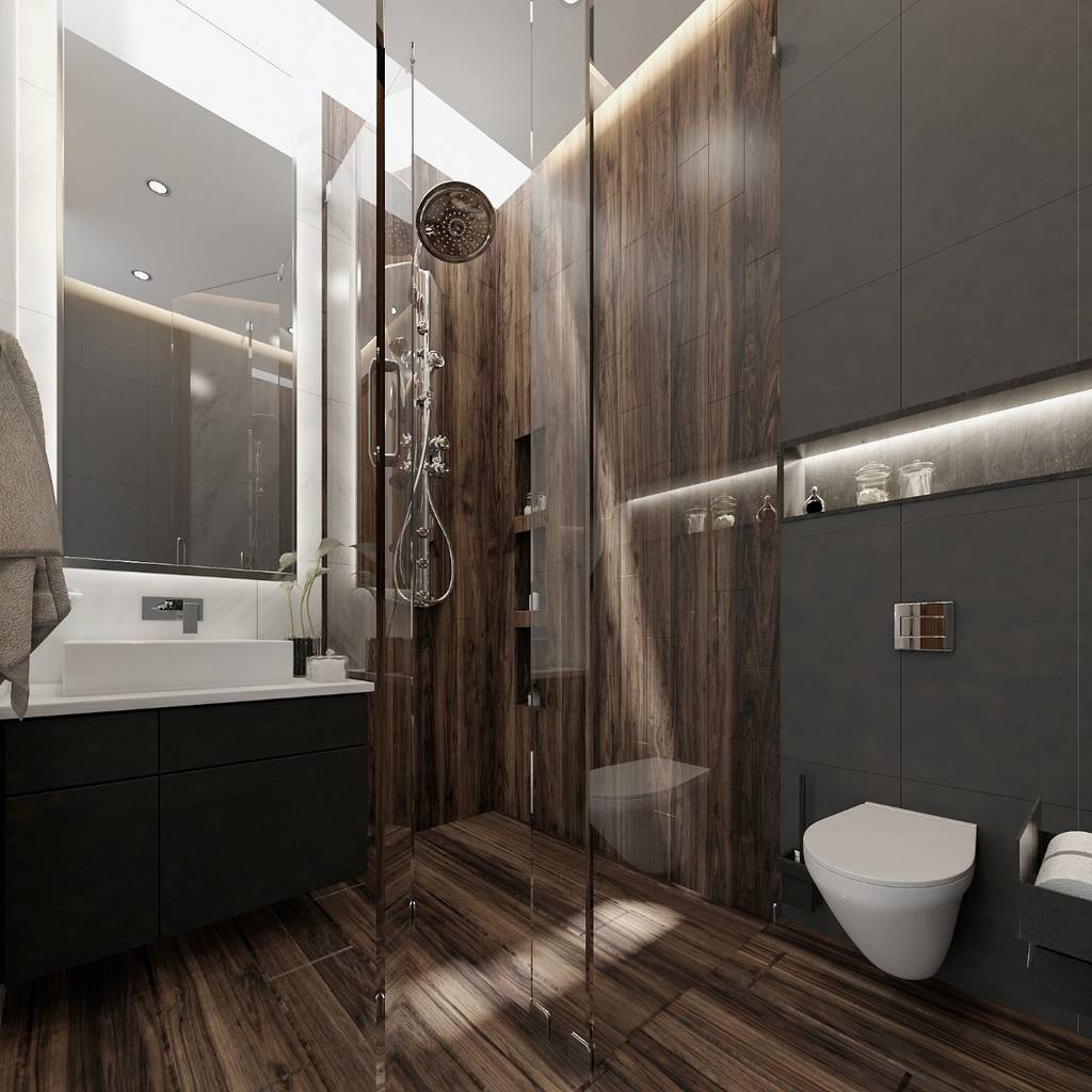 Increíble baño con wc montado sobre pared y cajillo de iluminación