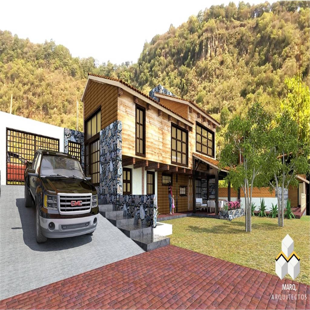 Render 02 exterior. marq. arquitectos. casas de campo ladrillos marrón