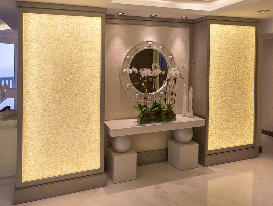 ​Pure White seamless brick freshwater back lit mother of pearl mosaic panels ShellShock Designs Salas modernas