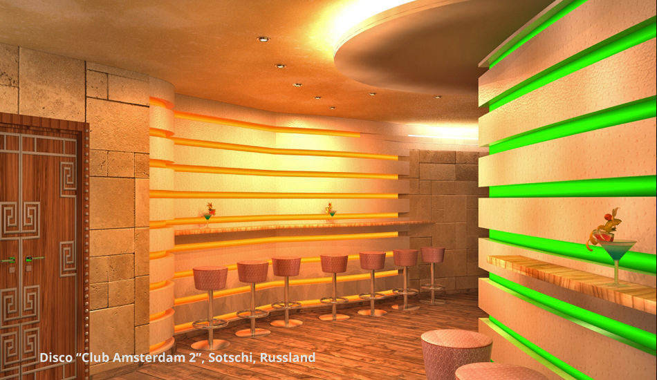 Innenarchitektonische Gesamtkonzeption Disco "Club Amsterdam 2" - Sotschi, Russland, GID / GOLDMANN-INTERIOR-DESIGN GID / GOLDMANN-INTERIOR-DESIGN مساحات تجارية مطاعم