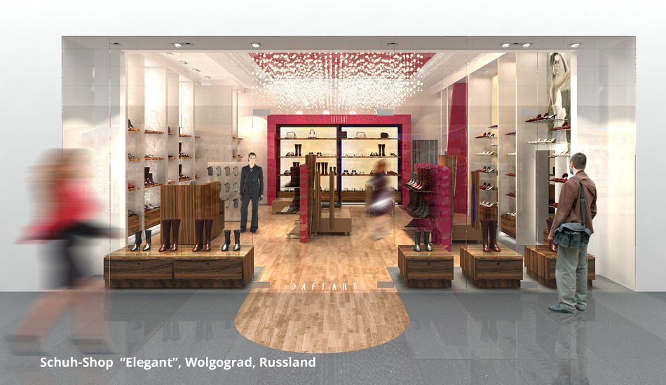 Innenarchitektonische Gestaltung eines Schuhshops "Elegant" - Wolgograd, Russland, GID / GOLDMANN-INTERIOR-DESIGN GID / GOLDMANN-INTERIOR-DESIGN مساحات تجارية محلات تجارية