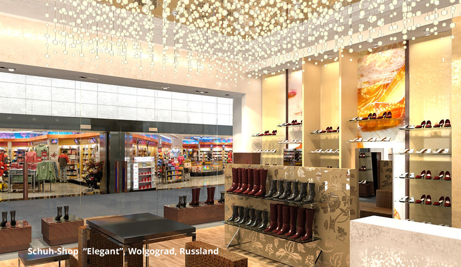 Innenarchitektonische Gestaltung eines Schuhshops "Elegant" - Wolgograd, Russland, GID / GOLDMANN-INTERIOR-DESIGN GID / GOLDMANN-INTERIOR-DESIGN مساحات تجارية محلات تجارية