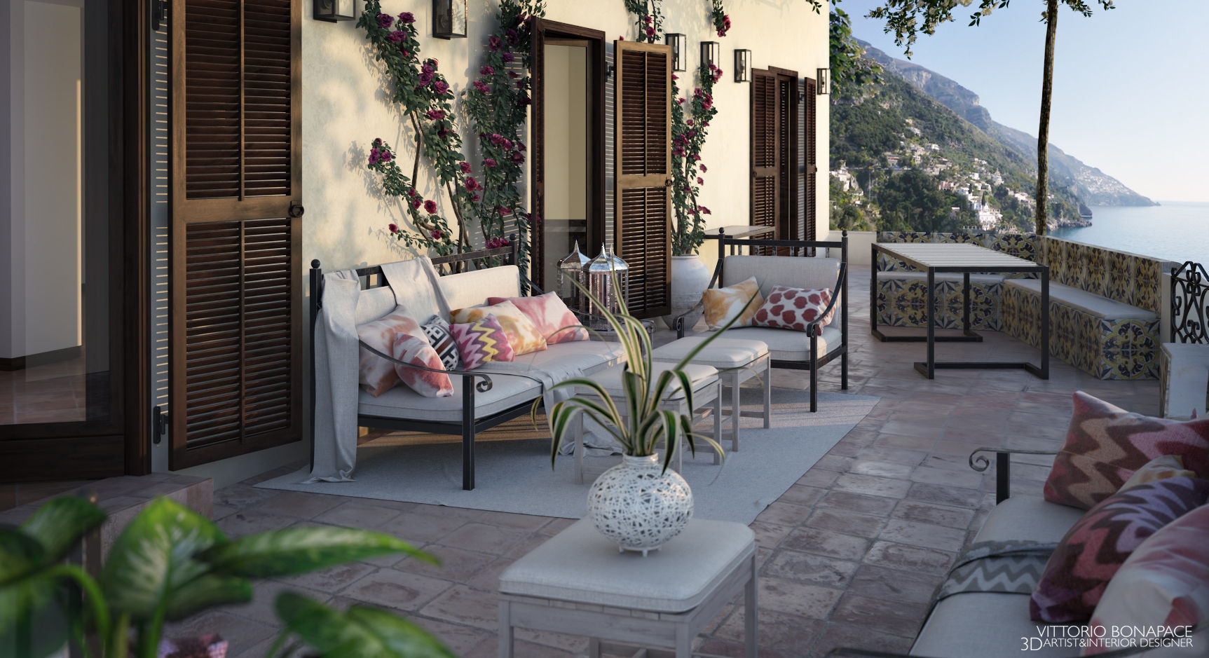 Villa a Positano, Vittorio Bonapace 3D Artist and Interior Designer Vittorio Bonapace 3D Artist and Interior Designer Mediterranean style balcony, veranda & terrace