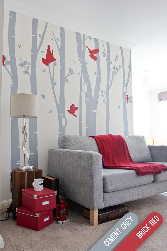 Birch tree forest wall sticker with red birds Vinyl Impression モダンな 壁&床 壁の装飾