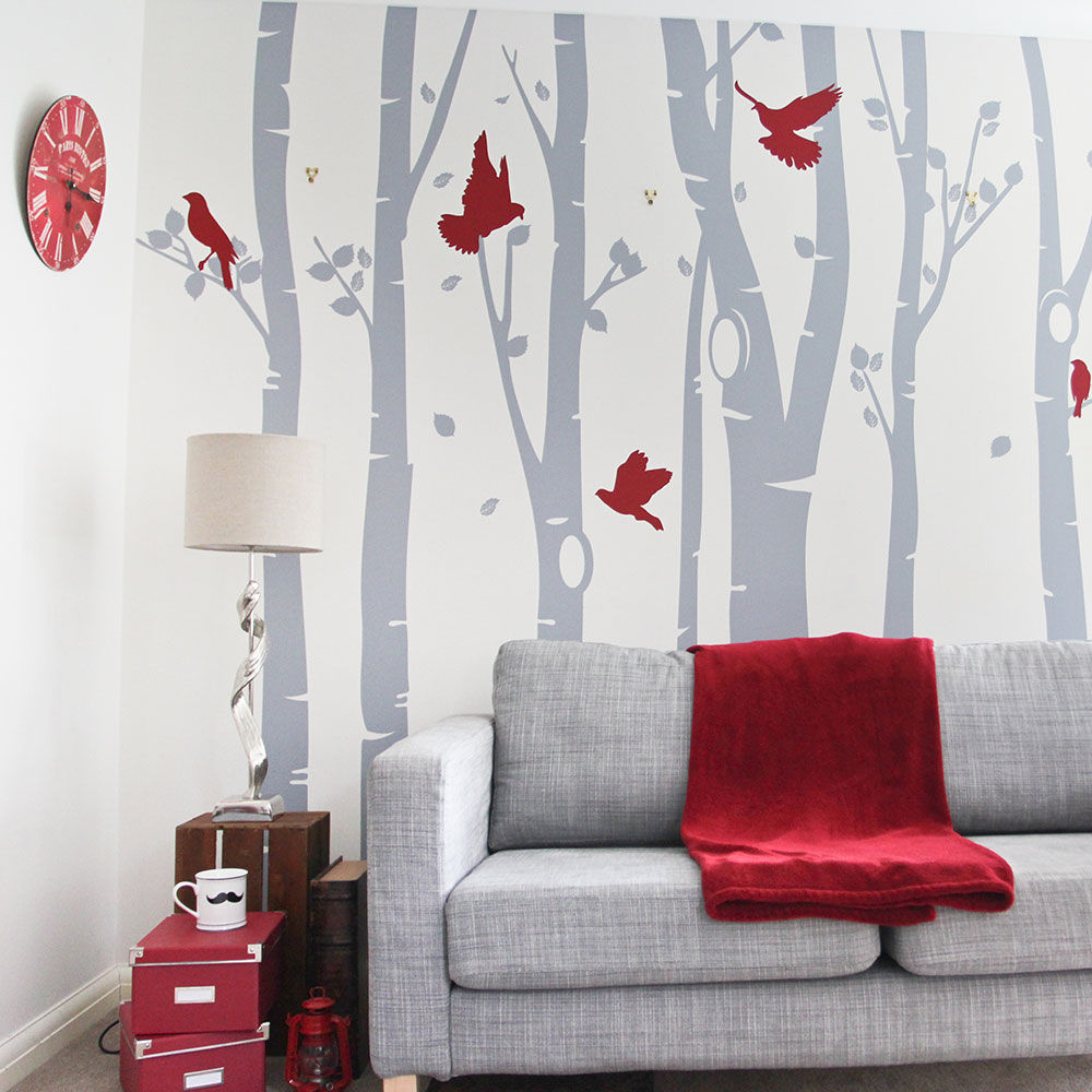 Birch tree forest wall sticker with red birds Vinyl Impression Murs & Sols modernes Décorations murales