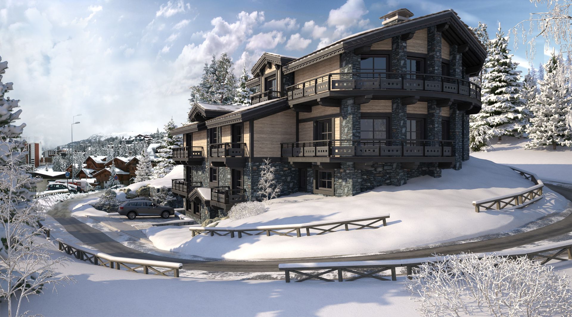 Perspectiva 3D - Chalet en la nieve homify Casas rústicas