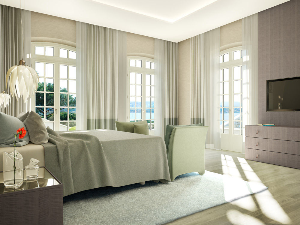 Render 3D de una casa de lujo en Saint Tropez, Francia, Berga&Gonzalez - arquitectura y render Berga&Gonzalez - arquitectura y render ห้องนอน