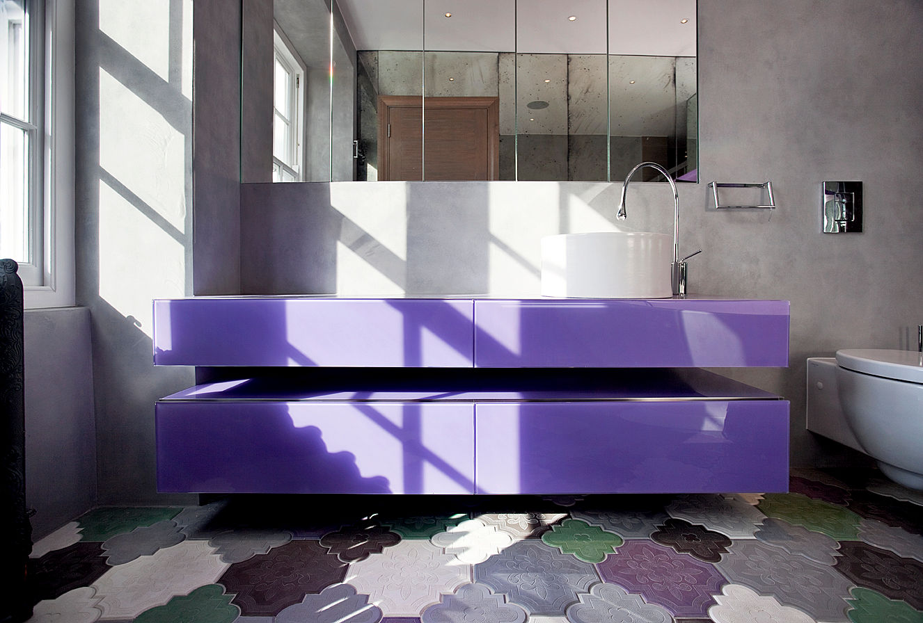 Bathroom Roselind Wilson Design Baños modernos bathroom sink,bathroom floor,modern,purple,vanity,interior design