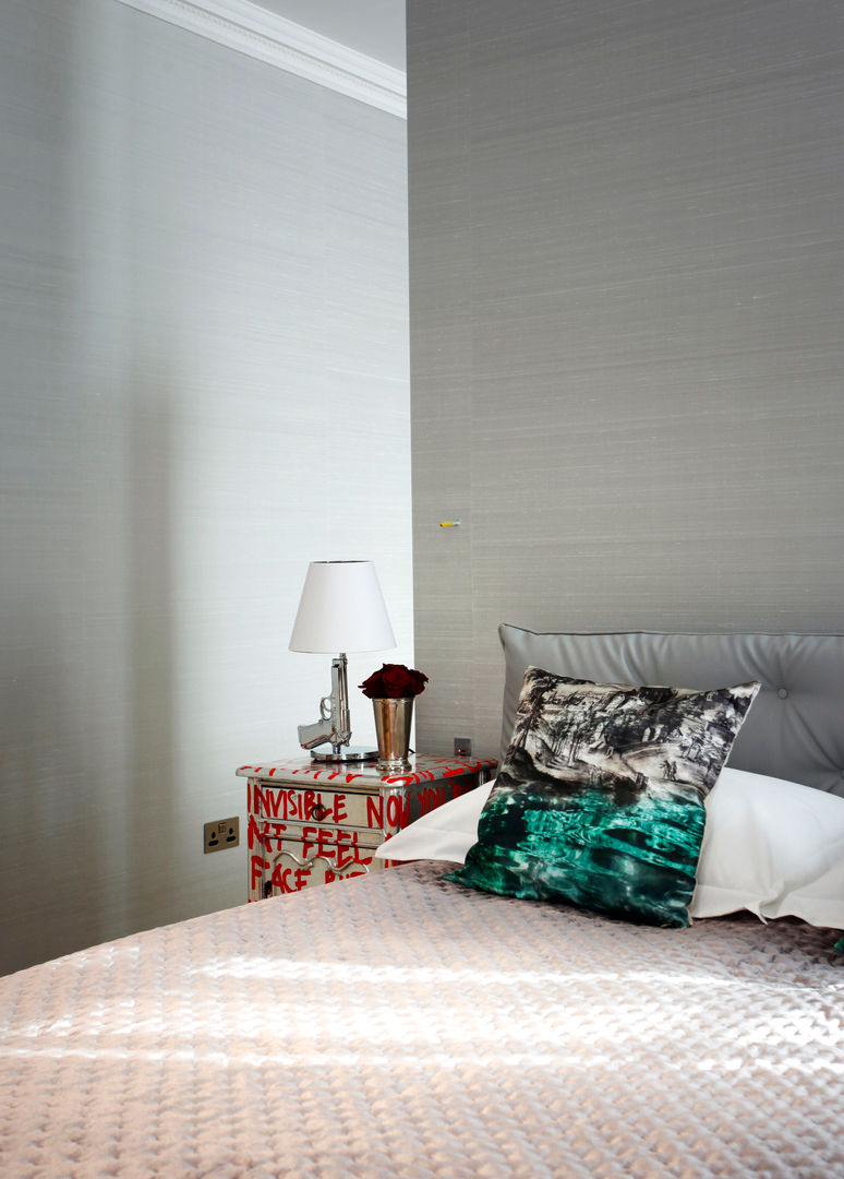 Bedroom Roselind Wilson Design Modern style bedroom bedroom,grey bed,bedside table,lamp shade,flowers,cushions