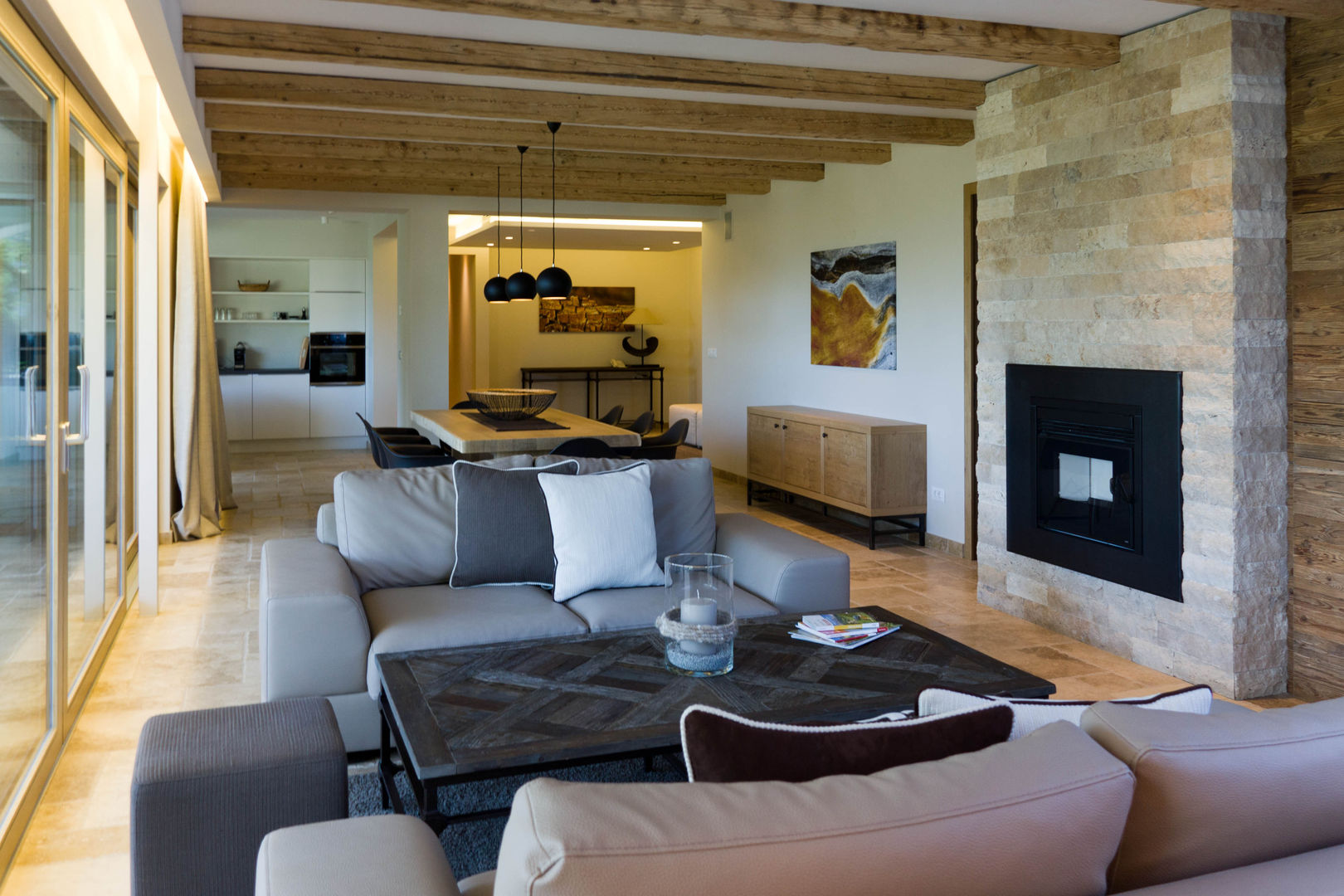 Living room with stone fireplace Pietre di Rapolano Country house Stone mosaic,travertine,fireplace,natural stone slab