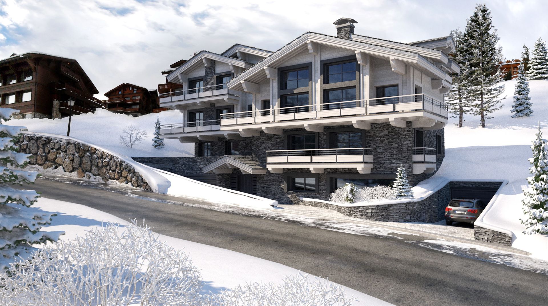 Perspectivas 3D de chalets en la nieve , Realistic-design Realistic-design Casas de madeira