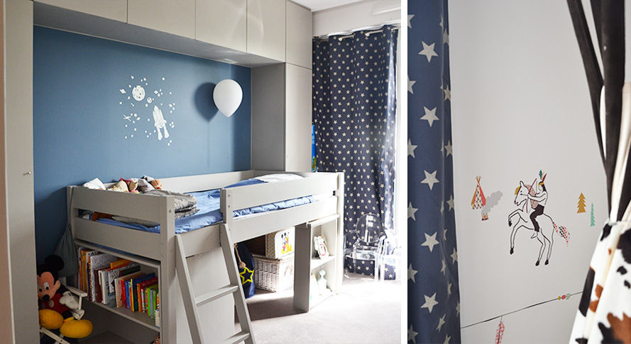 Chambre d'enfant - Duplex Boulogne A comme Archi Chambre d'enfant moderne moquette,lit mezzanine,gris bleu,applique balloon