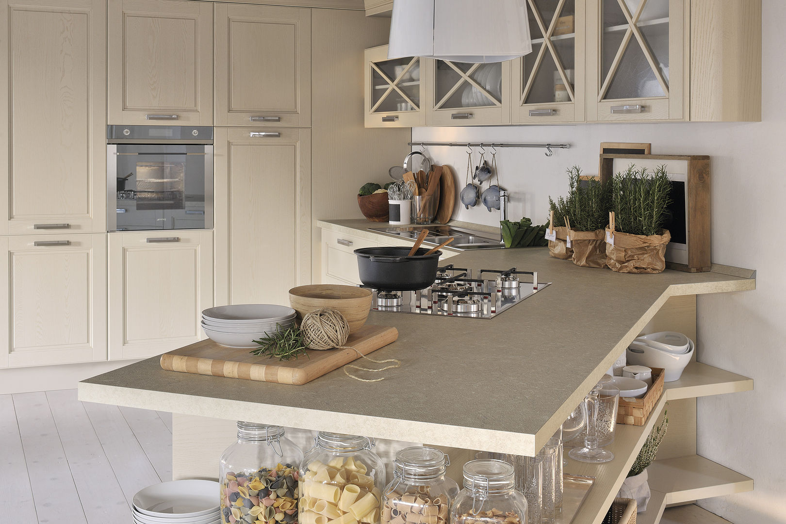 AGNESE 3 - CUCINELUBE: La cucina è il modello Adele di Lube in Rovere Grigio finitura decapè, Studio Ferriani Studio Ferriani Kitchen Bench tops