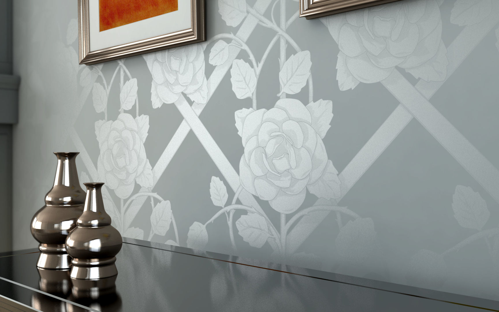 'Caxton Rose Trellis' design as wallpaper Caxton Rhode Classic style living room