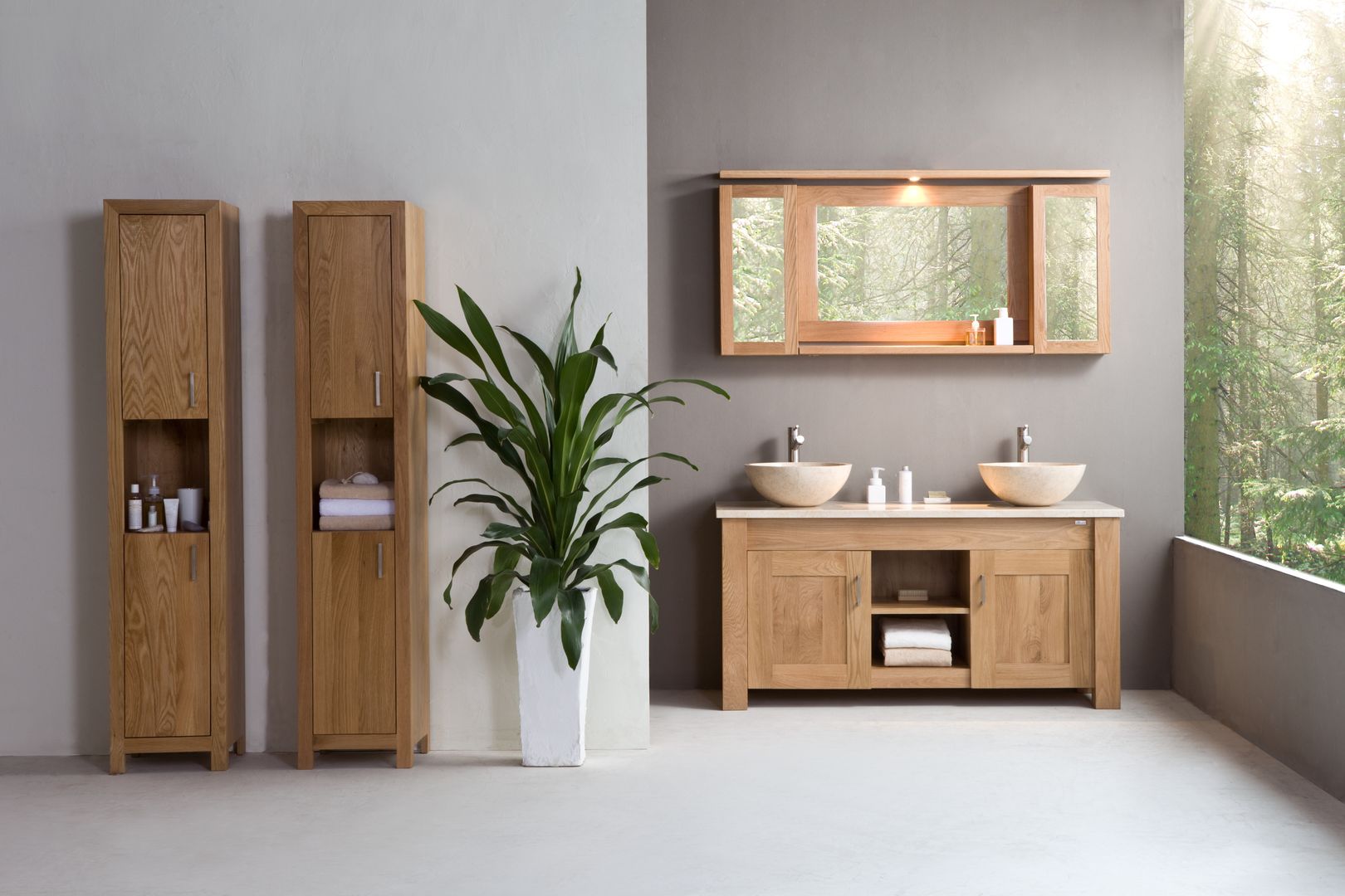 Stonearth - Finesse Oak washstand double basins Stonearth Interiors Ltd Casas de banho escandinavas