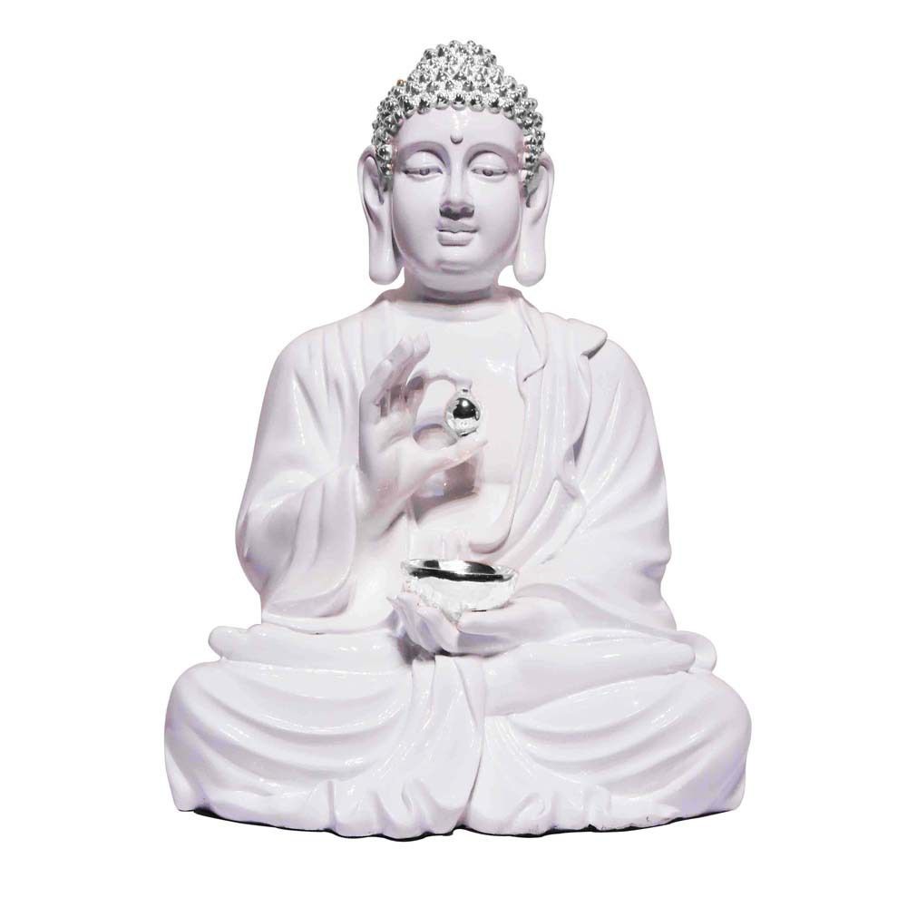 Polystone Lord Buddha Lotus Sculpture Holding Silver Alms Bowl, M4design M4design Autres espaces Sculptures