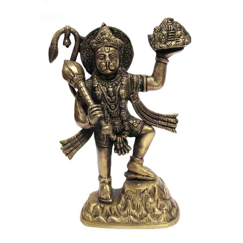 Hindu God Idol – Antique Brass Hanuman Carrying Mountain of Herbs, M4design M4design Otros espacios Esculturas