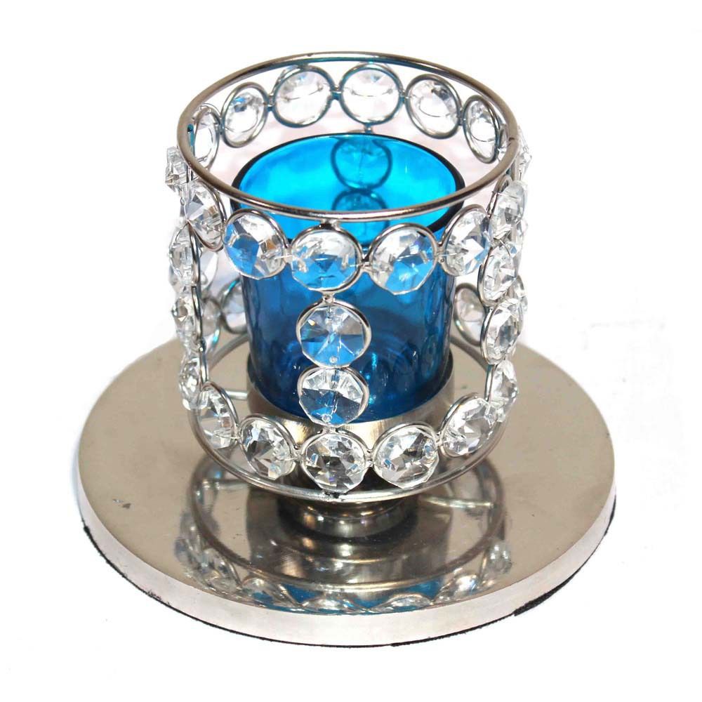 Crystal Beaded Blue Glass Tealight Candle Holder, M4design M4design مطبخ إضاءة