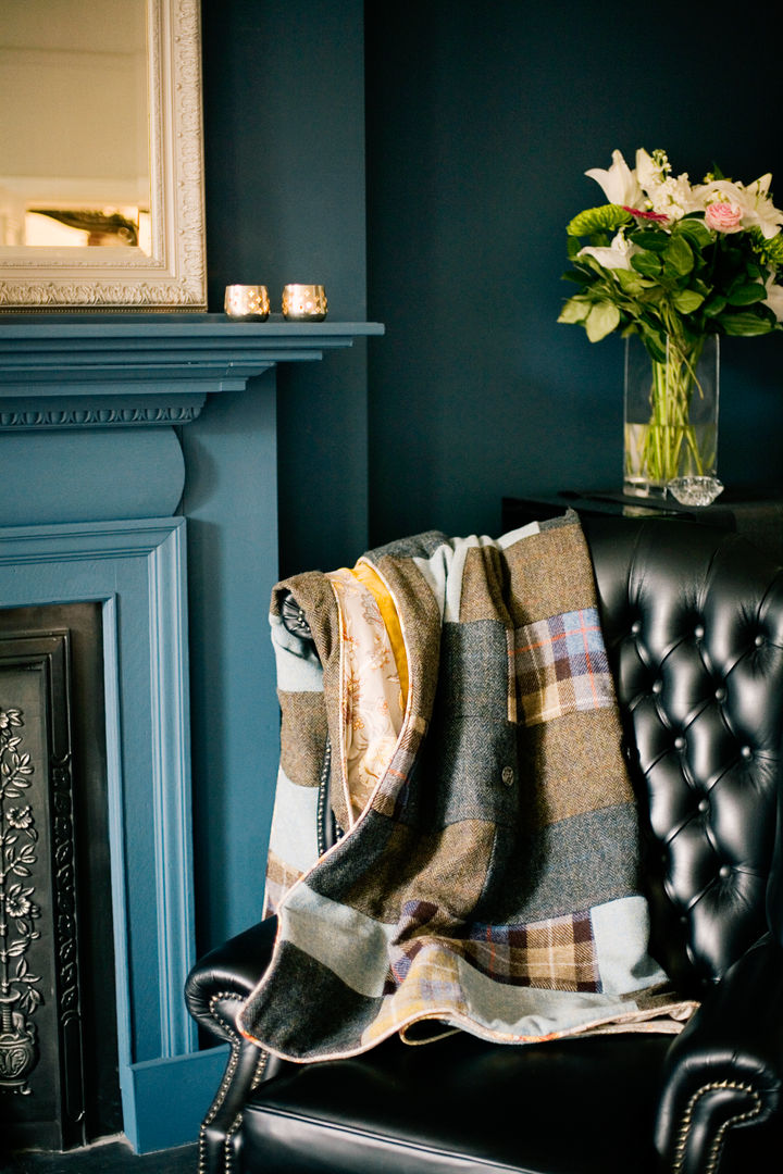 Sunshine yellow velvet and subtle blues, browns and greys Harris Tweed quilt Quilts by Lisa Watson Eclectic style bedroom Textiles