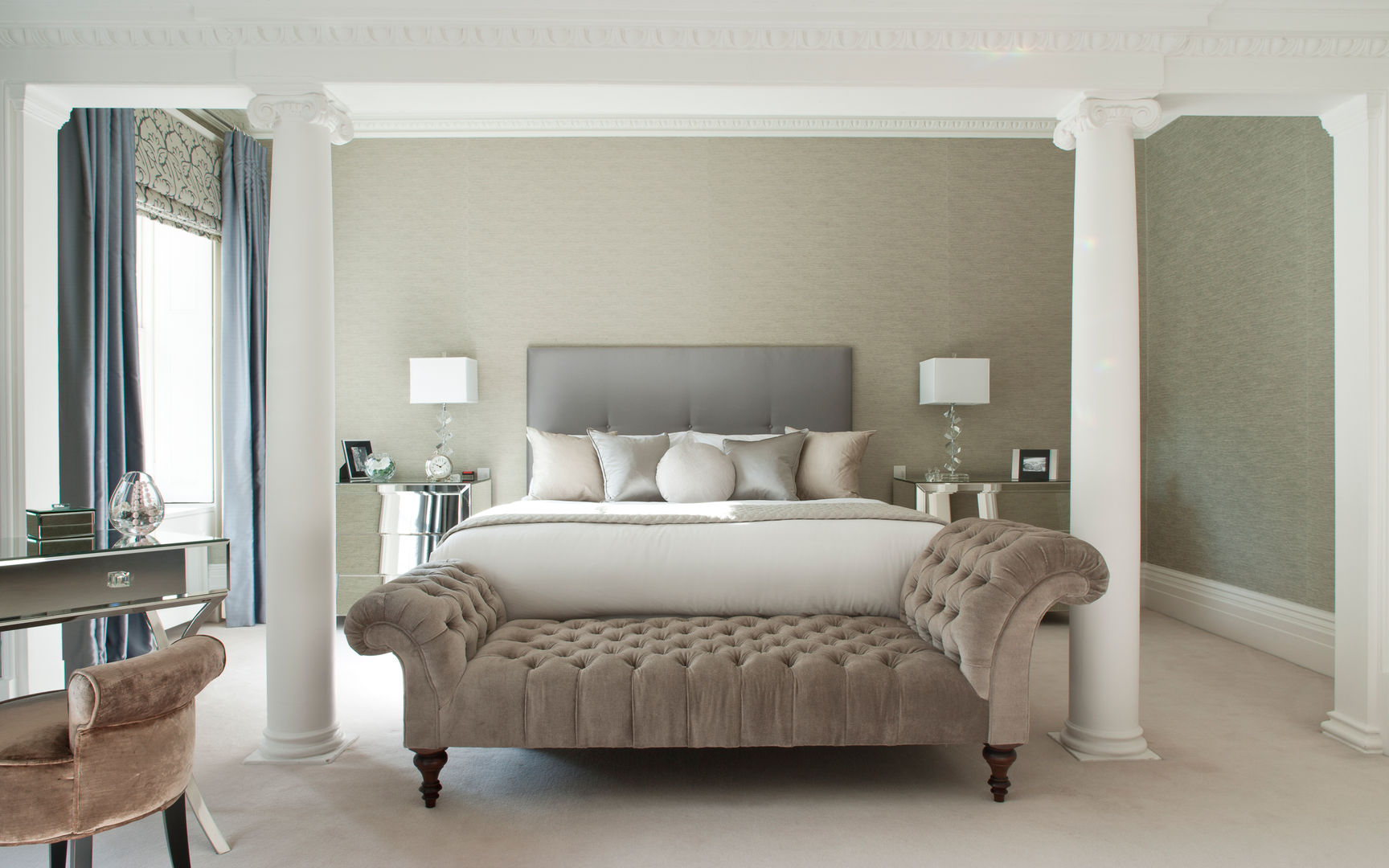 Master Bedroom Roselind Wilson Design Kamar Tidur Modern luxury bedroom,cushions,chaise lounge,dressing table,curtain,carpet,pillar,interior design