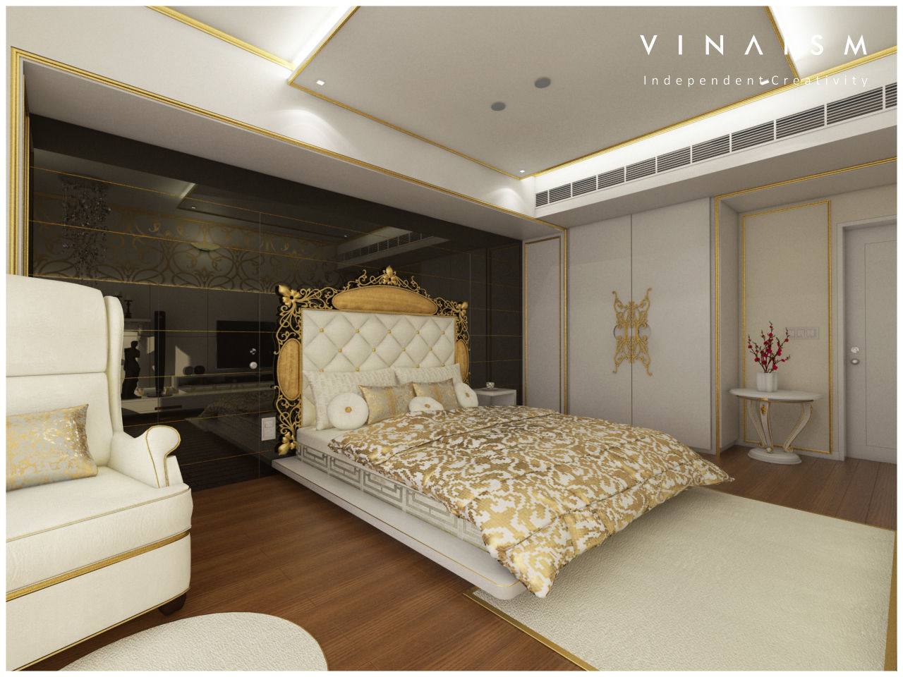 white n golden, V I N A I S M V I N A I S M Bedroom Comfort,Building,Wood,Interior design,Flooring,Pillow,House,Decoration,Floor,Bed frame