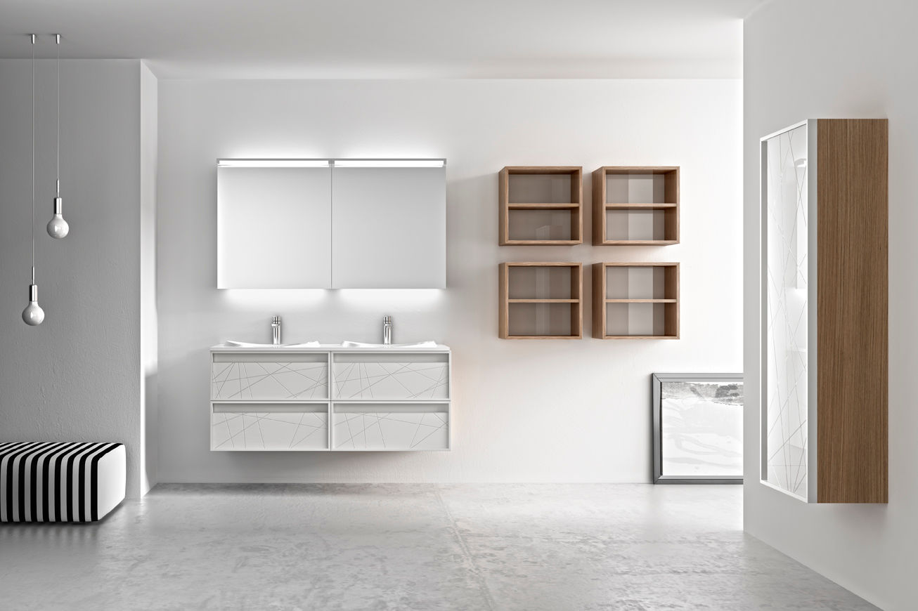 CONJUNTO MUEBLE LAVABO COLORES BLANCO CON MADERAS MAMPARAS SANTANDER Baños de estilo moderno Lavamanos