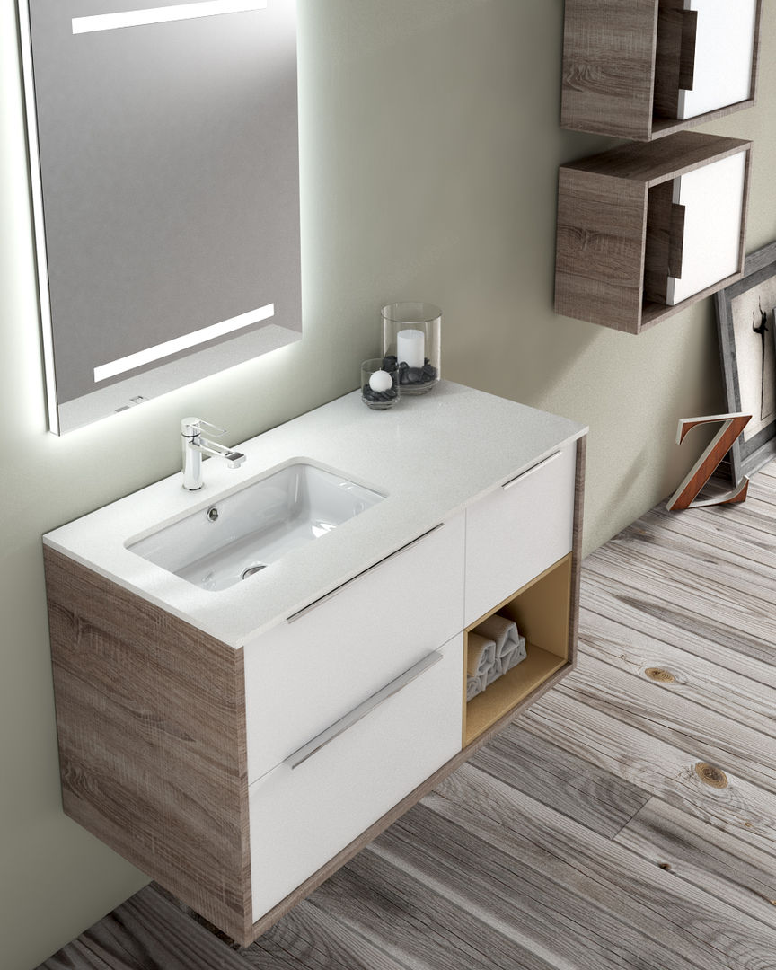 CONJUNTO MUEBLE BAÑO COLORES BLANCO CON MADERAS, ESPEJO CON LED. MAMPARAS SANTANDER Baños de estilo moderno Lavamanos