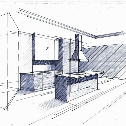 Croquis de principe en phase d'Avant Projet Sommaire Philippe Ponceblanc Architecte d'intérieur Cuisine minimaliste